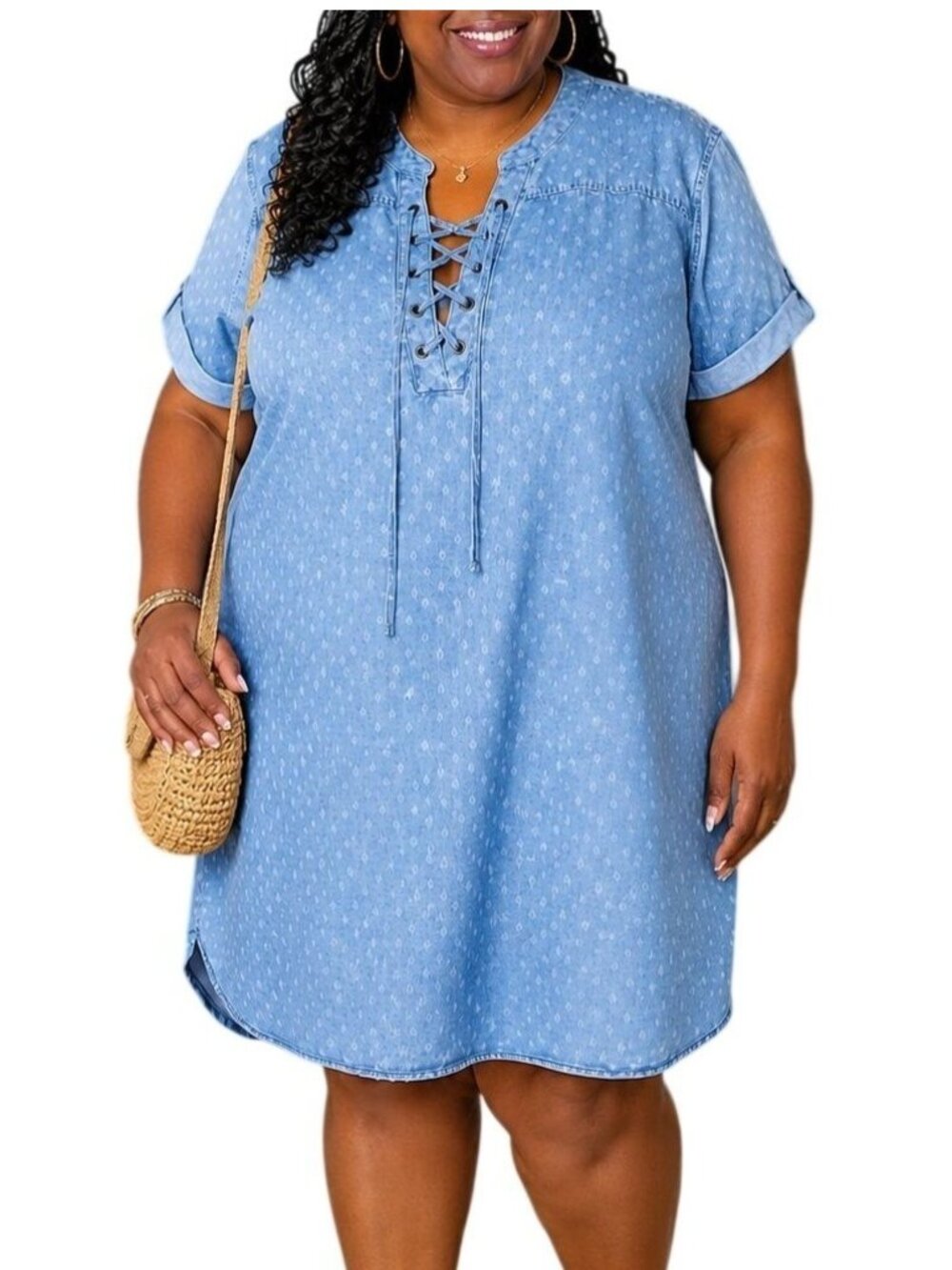 Philosophy Size XXL Dress Tencel Lace-Up Neck Polka Dot Split Hem